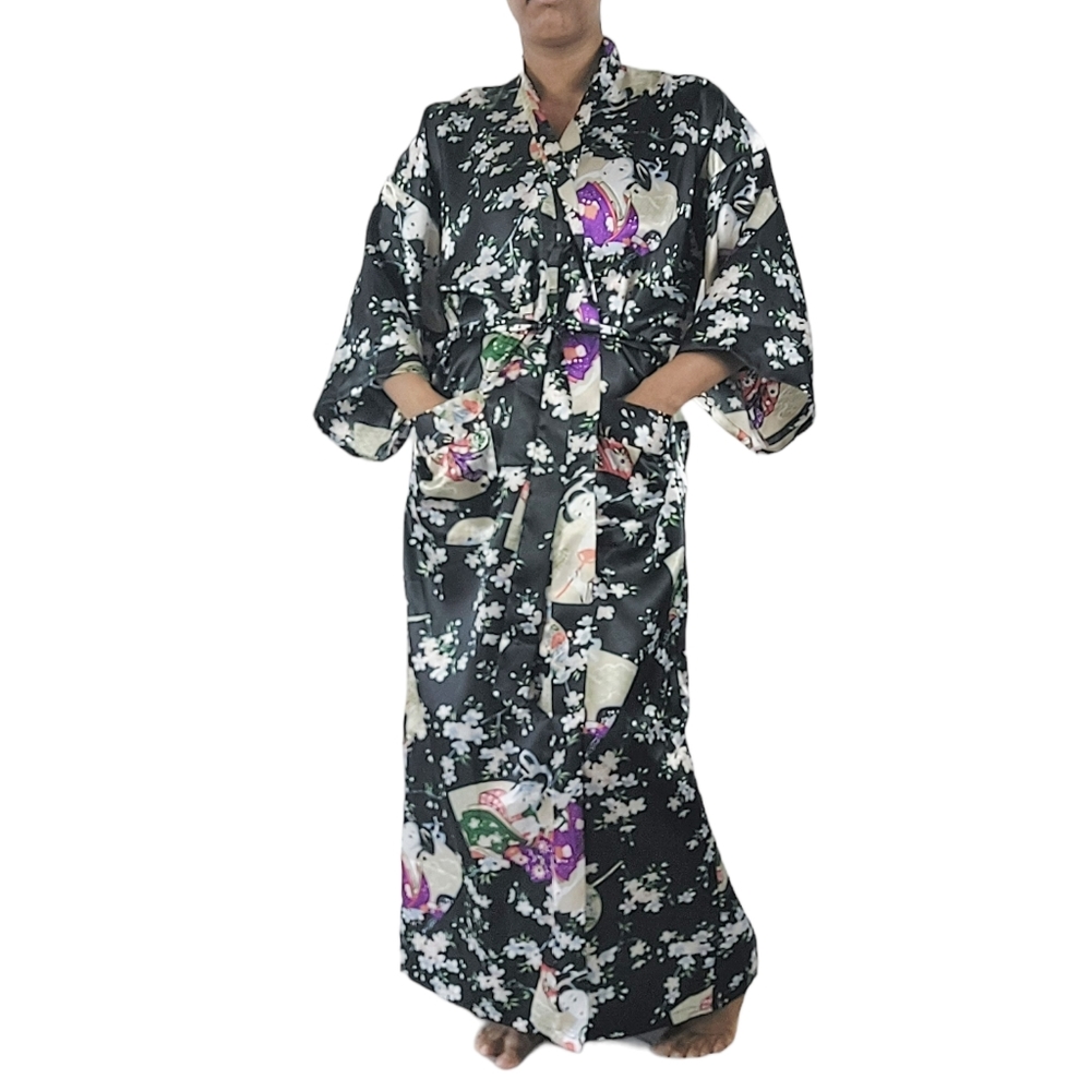 Oriental Japanese Geisha Black Floral Print Robe